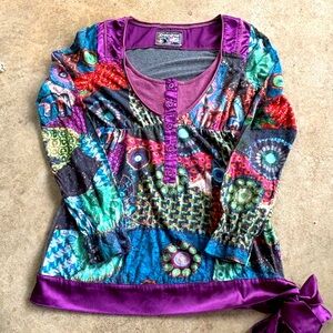 Desigual Long Sleeve Knit Top – Multicolor Boho Print – Size M